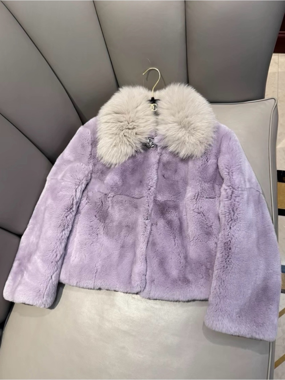 Miu Miu Lavender Faux Fur Jacket with Cream Fur Collar